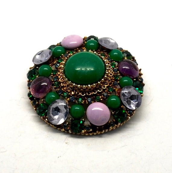 Vintage Green and Purple Cabochon and Rhinestone … - image 1