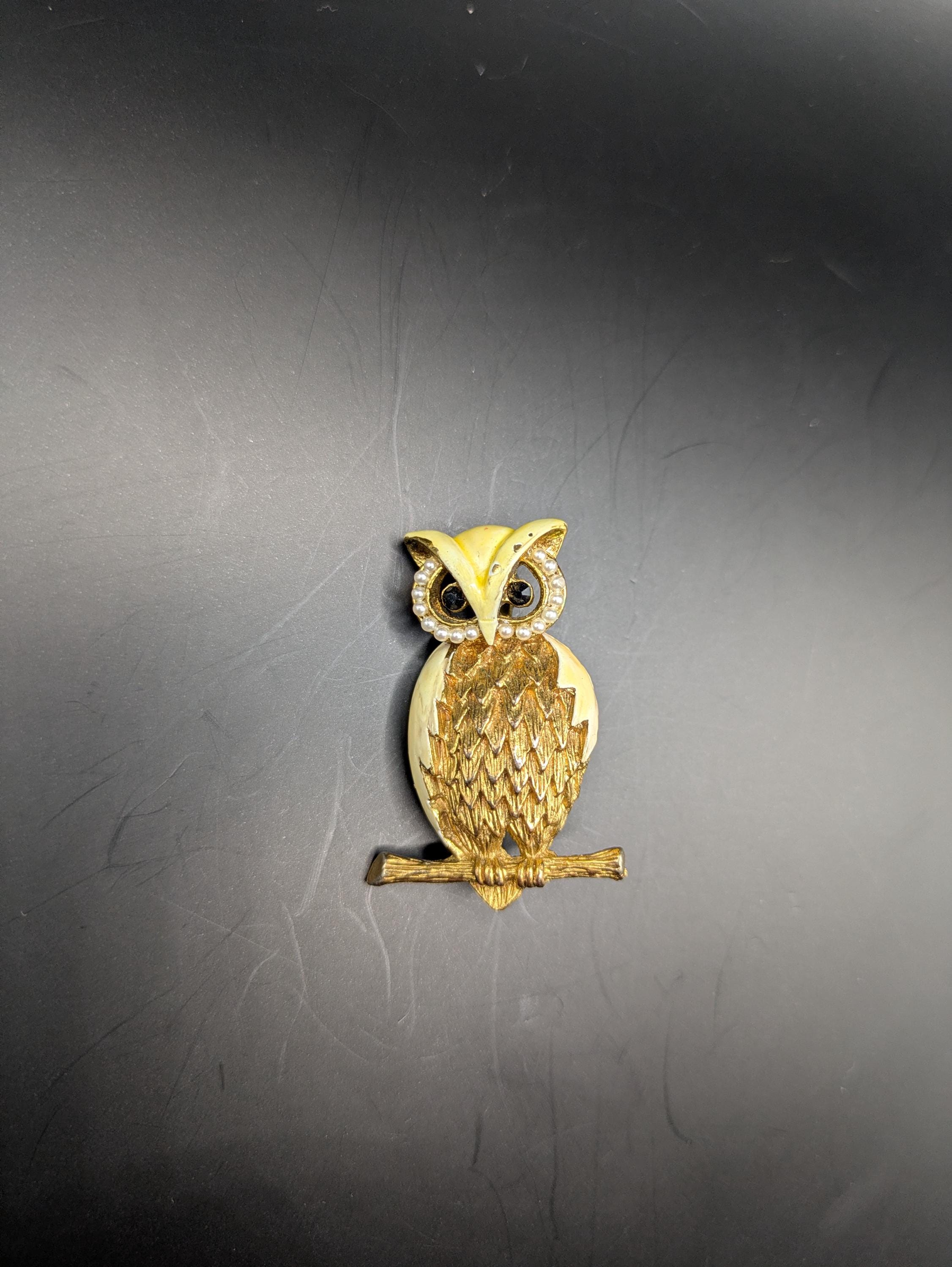Vintage Figural Owl Brooch-Gold Tone and White enamel with tiny faux pearls around eyes