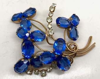 Large Vintage Sapphire Blue Flower Rhinestone Spray Brooch