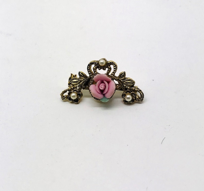 Vintage Carved Rose and Faux Pearl Bar Brooch Etsy