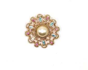 Vintage Filigree Aurora and Pink Rhinestone Rosette Brooch with Faux Pearl Center
