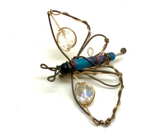 Unusual Vintage Figural Bent Wire Butterfly Brooch-Clay Center Bead