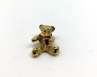 O4: Vintage Gold Tone Bumpy Christmas Teddy Bear with Red Enamel Ribbon Pin