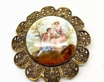 Vintage Filigree Painted Medallion Brooch