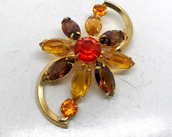 Vintage  Delizza Elster (?) Prong-Set Yellow-Orange-Red Navette Rhinestone Flower Brooch