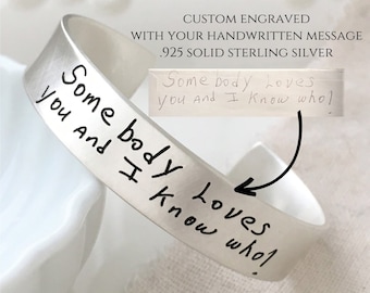 Sterling Silver Custom Engraved Cuff Bracelet Personalized with Your Handwriting | Exact Replica of Your Handwritten Message | Solid .925