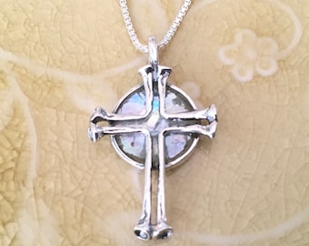 Ancient Roman Glass Sterling Silver Cross Pendant Necklace | Holy Land Jewelry Made in Israel | Religious Gift | .925 Sterling Silver Chain