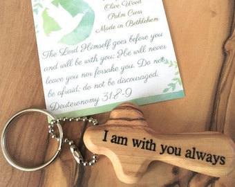 Custom Personalized Holy Land Olive Wood Cross Keychain | Engraved Bethlehem Olive Wood Cross | Custom Personalized Religious Gift