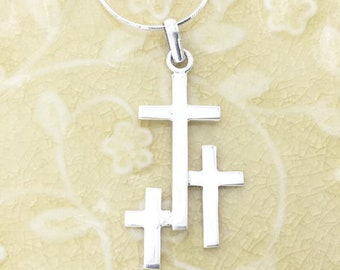 Sterling Silver Triple Cross Pendant Necklace | Baptism, First Communion, or Confirmation Gift | Religious Necklace | Christian Jewelry