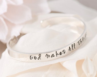 Sterling Silver Inspirational Cuff Bracelet | God Makes All Things New | He Restores My Soul | Christian Scripture Verse Jewelry Gift