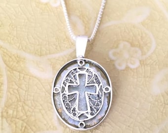 Ancient Roman Glass .925 Sterling Silver Cross Pendant Necklace | Holy Land Jewelry | Handmade in Israel | Oval Filigree Cross Pendant