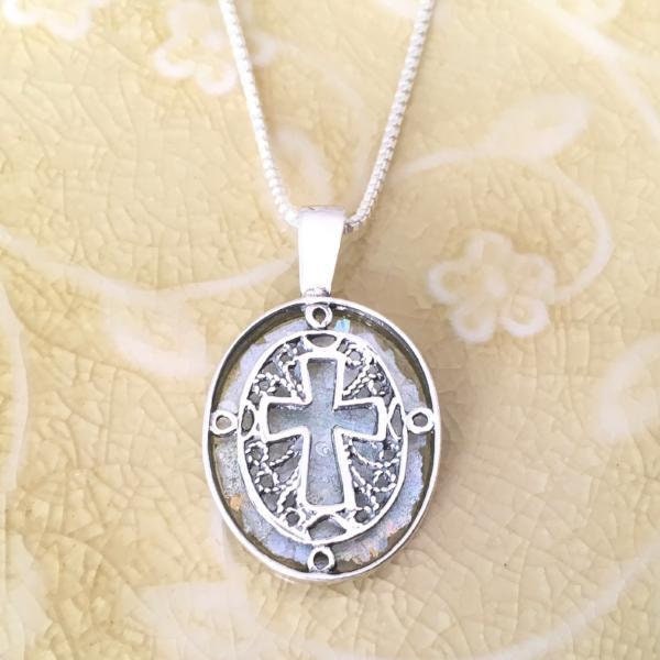 Ancient Roman Glass .925 Sterling Silver Cross Pendant Necklace | Holy Land Jewelry | Handmade in Israel | Oval Filigree Cross Pendant