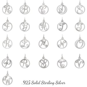 May include: A collection of .925 solid sterling silver initial pendants. Each pendant features a different letter of the alphabet, from A to W, in a circular, openwork design. The letters are in a cursive style, with a small loop at the top for a chain.