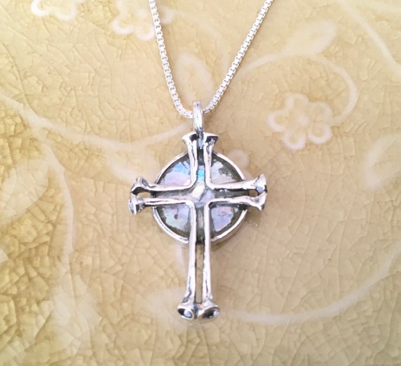 Ancient Roman Glass Necklace with Solid Cross Sterling Silver Made in Israel Box Chain Included Ancient Roman Glass Necklace with Solid Cross Sterling Silver Made in Israel Box Chain Included