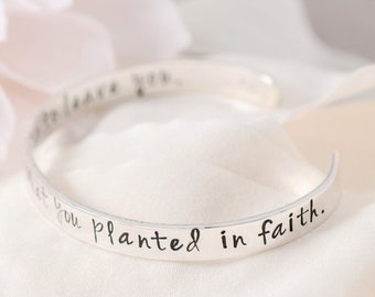 Sterling Silver Inspirational Cuff Bracelet | Don't Dig Up In Doubt What You Planted in Faith | God Didn't Bring You This Far To Leave You