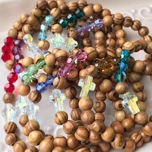 Olive Wood Bead Bracelet with Swarovski Crystal Cross & Birthstones | Bethlehem Holy Land Olive Wood Bracelet | ONE (1) Bracelet