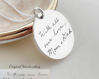Sterling Silver Custom Engraved Handwriting Pendant Necklace | Personalized With Your Handwritten Message  or Drawing| Keepsake Jewelry Gift