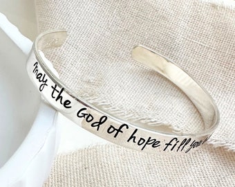 Sterling Silver Bible Verse Cuff Bracelet | Romans 15:13 | May the God of Hope Fill You with Joy & Peace | Engraved Scripture Christian Gift