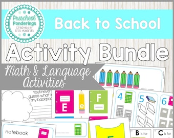 May include: A printable back to school activity bundle for preschoolers. The bundle includes math and language activities featuring colorful illustrations of school supplies, a bus, crayons, and a school building. The text "You'll never guess what's in my backpack" is included in one of the activities.