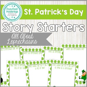 May include: A set of printable story starter prompts for kids featuring a leprechaun and a pot of gold. The prompts are all about leprechauns and St. Patrick's Day.