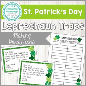 May include: St. Patrick's Day themed educational materials. The image features a title that reads "Leprechaun Traps" and "Making Predictions". There are two cards with messages from "O'Reilly the leprechaun" and a prediction chart.