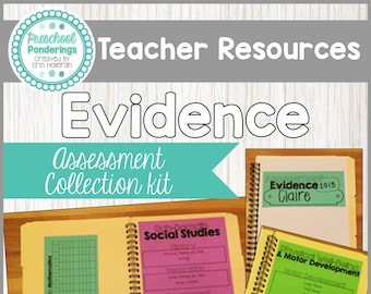 May include: Teacher resources for preschool assessment. The image features a collection kit with the word "Evidence" in large letters. The kit includes spiral-bound notebooks with subject labels like "Social Studies" and "Motor Development".