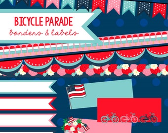 Bicycle Parade 4th of July Patriotic Clipart Borders and Labels