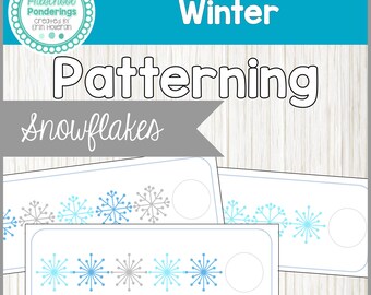May include: Winter snowflake pattern activity for preschoolers. The printable cards feature blue and gray snowflakes in a repeating pattern.  The cards have a blank circle for students to complete the pattern.