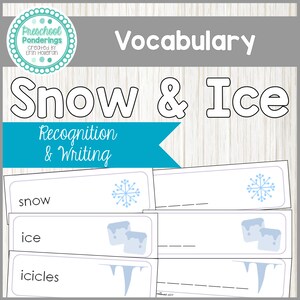 May include: A printable worksheet for preschoolers to learn about snow and ice. The worksheet features the words "snow", "ice", and "icicles" with corresponding illustrations.