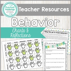 May include: Black and white printable chart with green handprints for tracking classroom behavior. The chart is labeled with days of the week and times of day, including large group, morning, lunch, and afternoon. A reflection sheet with questions about classroom behavior is also included.