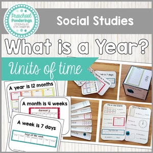 May include: A colorful educational chart explaining units of time, including a year, month, week, and day. The chart features illustrations of calendars and clocks, along with the text "What is a Year?" and "Units of time".