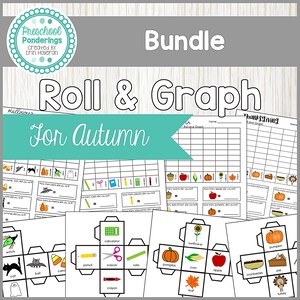May include: A printable bundle of educational games for preschoolers featuring a roll and graph activity for autumn themes like Halloween and Thanksgiving. The games include dice with images of pumpkins, bats, candy corn, and other fall items.