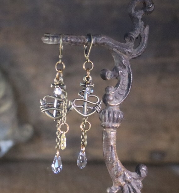 Steampunk Nautical crystal earrings, Swarovski teardrops with Anchors, antiqued brass Steampunk style earrings, Pirate themed earrings