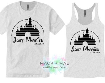 Disney JUST MARRIED Matching Shirts, Disney Wedding, Disneymoon, Bride Tank, Groom T Shirt, Disney Honeymoon, Disney Couples Shirt