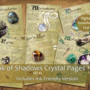May include: A set of printable Book of Shadows pages featuring different crystals and their properties. The pages are designed in a vintage style with handwritten text and illustrations. The set includes three sizes: US Letter, A4, and A5. The text on the image reads "Book of Shadows Crystal Pages 3 Sizes SET #3 Includes Ink Friendly version US Letter A4 A5".