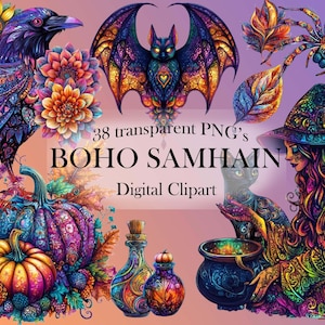 Boho Samhain Clipart | 34 PNGs | Halloween Witch Aesthetic | Ancestor, Spirit, & Autumn Symbols | Vibrant Pagan Digital Download