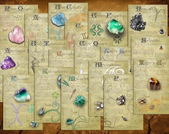 May include: A collection of 16 cards featuring different types of crystals and gemstones. Each card has a name, description, and image of the crystal. The cards are arranged in a grid pattern on a wooden surface.