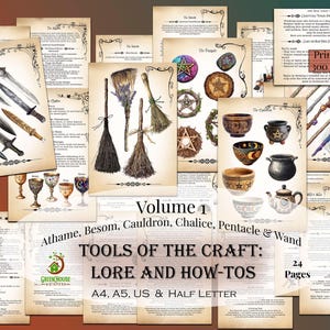 May include: A set of illustrated pages titled "Tools of the Craft: Lore and How-Tos," showcasing images of athames, besoms, cauldrons, chalices, pentacles, and wands. The pages are labelled "Volume 1" and are print-ready in 300 DPI PDF format.