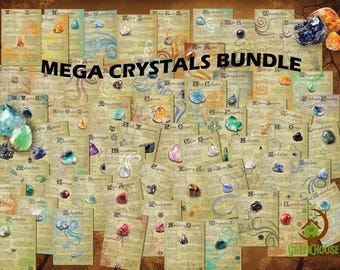 May include: A collection of 36 different crystal cards with illustrations of various crystals and their names. The cards are arranged in a grid pattern on a brown background. The text "MEGA CRYSTALS BUNDLE" is displayed in large letters at the top of the image.