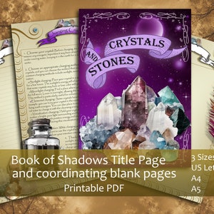 Pode incluir: Uma página de título imprimível para um Livro de Sombras com um fundo roxo e um monte de cristais. O título diz "Cristais e Pedras". A página está disponível em três tamanhos: US Letter, A4 e A5.