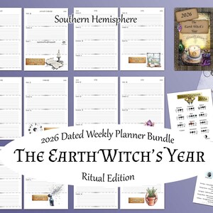 May include: A collection of 2026 dated weekly planners, labelled "The Earth Witch's Year - Ritual Edition." The pages are white with lined sections for notes. Includes a lunar calendar and a cover with the text "Southern Hemisphere."