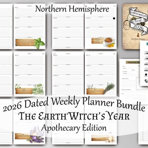 May include: A bundle of 2026 dated weekly planners, featuring the text "Northern Hemisphere" and "The Earth Witch's Year Apothecary Edition." The planners include weekly layouts, botanical illustrations, and a lunar calendar.