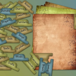 May include: A set of vintage-style, green and blue dividers with various labels for a witch's grimoire or spell book. The labels include: Moon Magic, Poppets, Divination, Materia Medica, Potion, Prayers, Familiars, Recipes, Esbats, Songs, Gods, Crystals, Rituals, Runes, Spells, Correspondences, Zodiacs, Goddesses, Crafts, Charms, Sabbats, Herbs, Incense, and Brews.