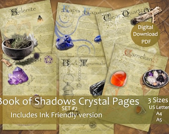 May include: A set of printable Book of Shadows pages featuring different crystals and their magical properties. The pages are designed in a vintage style with illustrations and text. The set includes three sizes: US Letter, A4, and A5. The text on the pages includes "Selenite", "Lapis Lazuli", "Clear Quartz", "Amethyst", "Black Tourmaline", and "Carnelian".