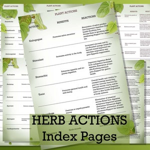 May include: A set of five index pages for a herb action guide. Each page has a green leafy background with white text. The pages are titled "Plant Actions", "Benefits", "Reactions", and "Action". The text on the pages lists different actions of herbs, such as "Sialogogue", "Stimulant", "Stomachic", and "Tonic". The pages also list the benefits and reactions of each action. The pages are titled "Herb Actions Index Pages".