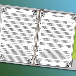 May include: A close-up of two pages from a binder, showing information about plants with medicinal properties. The left page is titled "Anodyne" and lists plants that help relieve pain. The right page is titled "Antiasthmatic" and lists plants that help with breathing problems.