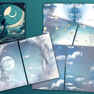 Può includere: Una collezione di pagine di pianificazione a tema celeste. Le pagine presentano illustrazioni ad acquerello di lune, stelle, nuvole e alberi nei toni del blu, del verde acqua e dell'oro. Ogni pagina è etichettata con i giorni della settimana.