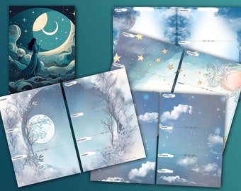 Può includere: Una collezione di pagine di pianificazione a tema celeste. Le pagine presentano illustrazioni ad acquerello di lune, stelle, nuvole e alberi nei toni del blu, del verde acqua e dell'oro. Ogni pagina è etichettata con i giorni della settimana.