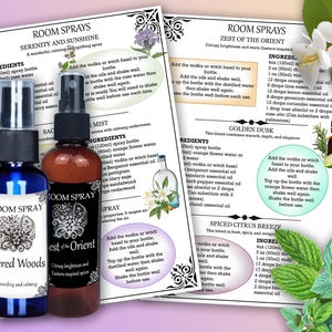 Może przedstawiać: Dwie szklane butelki z rozpylaczem z etykietami o treści "Room Spray Sacred Woods" i "Room Spray Zest of the Orient". Butelki są wypełnione przezroczystym płynem i mają czarno-biały wzór na etykietach. Butelki znajdują się na różowo-białym tle z wydrukowanymi instrukcjami dotyczącymi tworzenia odświeżaczy powietrza.