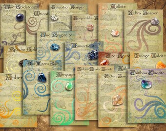 May include: A collection of 16 different gemstone cards with descriptions and images of each stone. The cards are arranged in a grid pattern on a brown background.